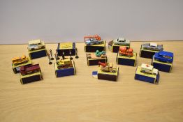 Twelve 1954-60 Matchbox Moko Lesney die-casts, No 13 Breakdown Lorry, No 14 Ambulance, No 18