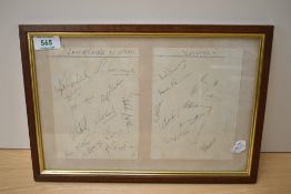 A 1950 Cricket Match framed signed pages, Lancashire XI vs Yorkshire XI Cricket Teams signed