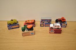 Six 1974-82 Matchbox die-casts, No19 Peterbilt Cement Truck, No20 Police Patrol, No27 Lamborghini in