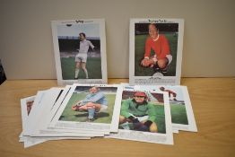 Nineteen Ty-Phoo Tea Ltd Football cards, A4 size including Gordon Banks, Bobby Charlton, Mike