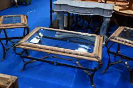 An interesting modern coffee table and two similar occasional tables with strapwork style metal