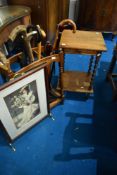 An early 20th Century oak stick stand and sticks, similar occasioonal table, and modern fire screen