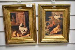 A pair of 20th century colour oleograph prints, depicting chickens with reproduced craquelure,