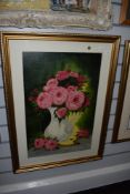 'Jonny J.' (20th Century), mixed media, A still life arrangement depicting pink roses within a