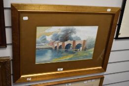 T.W. Harker (20th Century), gouache, A stone arched bridge with fisherman below, signed and dated