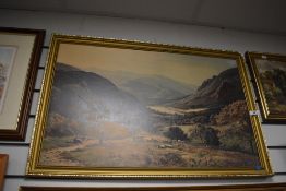 After S.P Percy (British, 1821–1886), coloured print, Sheep grazing in a valley, mounted within a