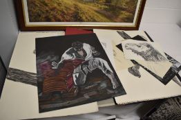 A folio of art students studies, wildlife and figures.