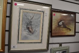 Joel Kirk (20th century) coloured chalks Otter in foliage, signed lower right, framed and glazed