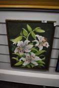 M Critchley (20th century), a still life oil on board, Lilies, mounted within a plain gilt frame