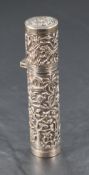 A late 19th/early 20th century Indian or Burmese white metal bodkin holder or etui, of cylindrical