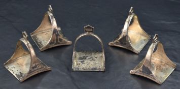 A group of five interesting Iraqi, Neillo decorated white metal napkin rings, in the form of
