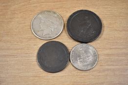 A Georgian cartwheel penny coin, dated 1797, together with other coinage including a US one dollar