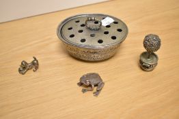 A cast metal soap dish, a frog and a puppy study with crystal.