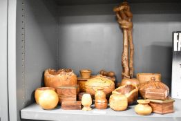 A selection of treen, including turned lidded trinket boxes, snuff box, bowls etc.