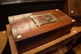 A mahogany box having hinged lid with attached tub line plaque, dimensions approx. 63 x 32 x 17cm