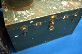 A vintage metal trunk, approx dimensions 93 x 52 x 58cm