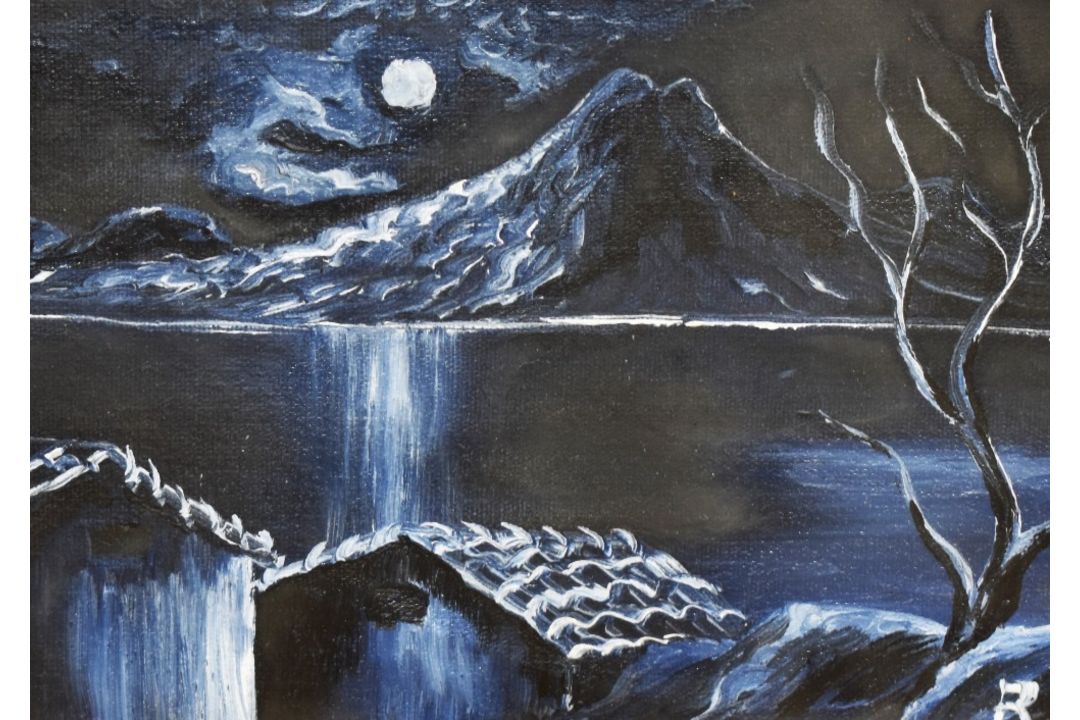 20th Century Japanese School, oil on board, A moonlit landscape with houses to the foreground, init - Image 1 of 4
