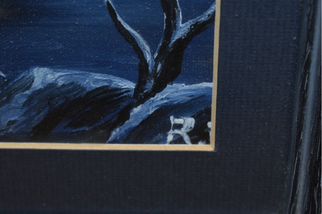 20th Century Japanese School, oil on board, A moonlit landscape with houses to the foreground, init - Image 3 of 4