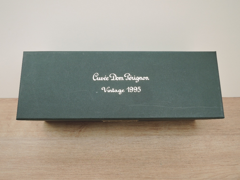 A bottle of Cuvee Dom Perignon Vintage 1995 Champagne, 12.5% vol, 750ml, in original packaging and