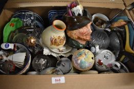 A miscellaneous selection of items including a Robin Hood character jug, four etched paperweights