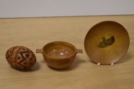 A Victorian Mauchline ware miniature quaich, decorated with a scene of Dryburgh Abbey, a trinket