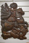 A rare and interesting 16/17th century George and the Dragon tin pub sign with age related patina,