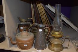 An Art Nouveau 'Sankey' brass jug sold along with a selection of brass and copper including an oil