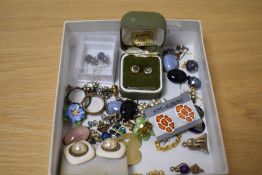 A collection of costume earrings including blue lace agate set drop earrings, enamelled floral