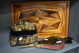 A vintage inlaid tray, a Chinese style lacquered letter rack and a set of antique mother of pearl