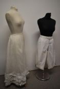 A pair of split leg bloomers with lace to legs and a petticoat with pretty embroidered and scalloped