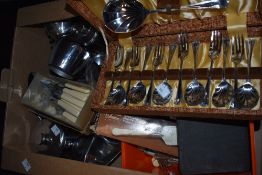 A selection of assorted flatware and cutlery including a boxed desert set and an assortment of tea