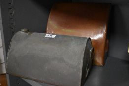 A vintage stone hot water bottle, of sloped form, for carriage or motor car foot well and a metal