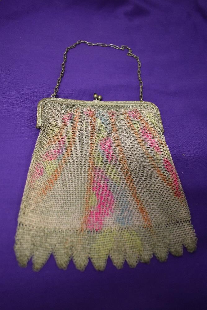 A 1920s painted mesh bag, having gem stones to clasp, chain handle and full lining. - Image 3 of 5