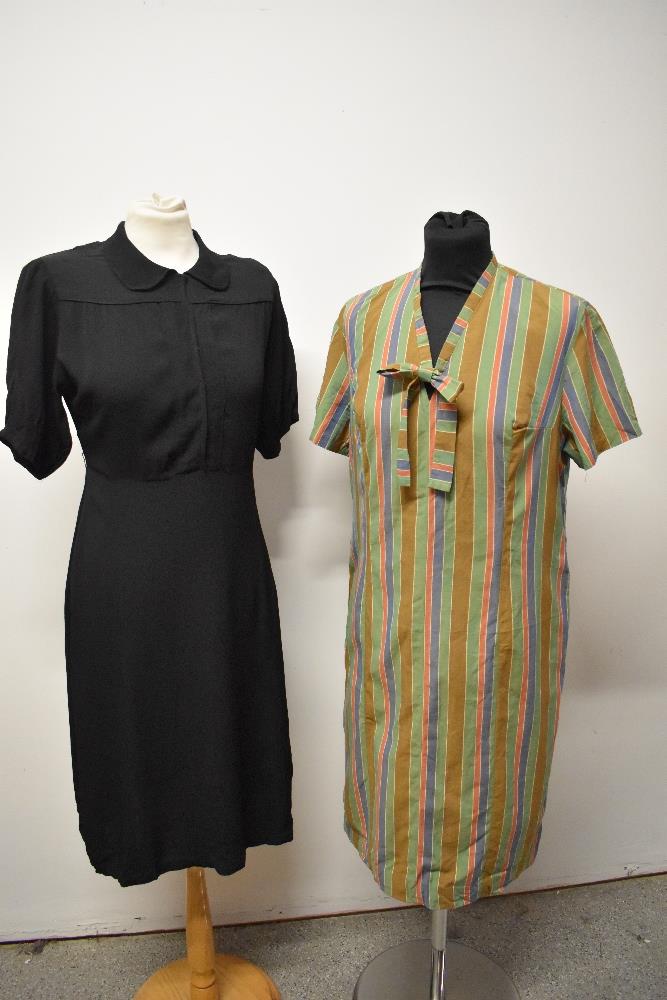 A vintage striped cotton day dress and a 1940s black crepe dress. - Image 4 of 4