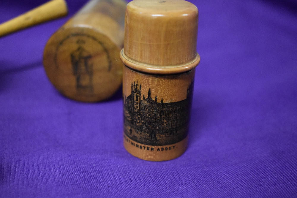 Five items of Mauchline ware, to include circa 1890 Westminster Abbey needle case, circa 1870 - Image 2 of 8