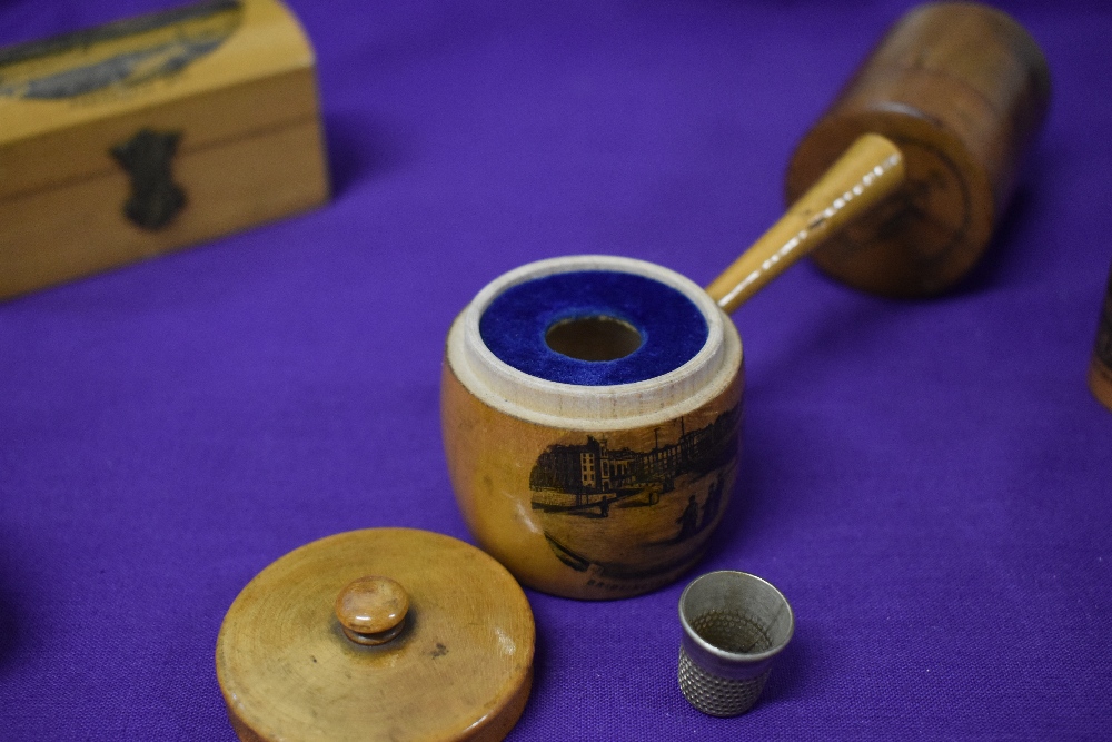Five items of Mauchline ware, to include circa 1890 Westminster Abbey needle case, circa 1870 - Image 6 of 8