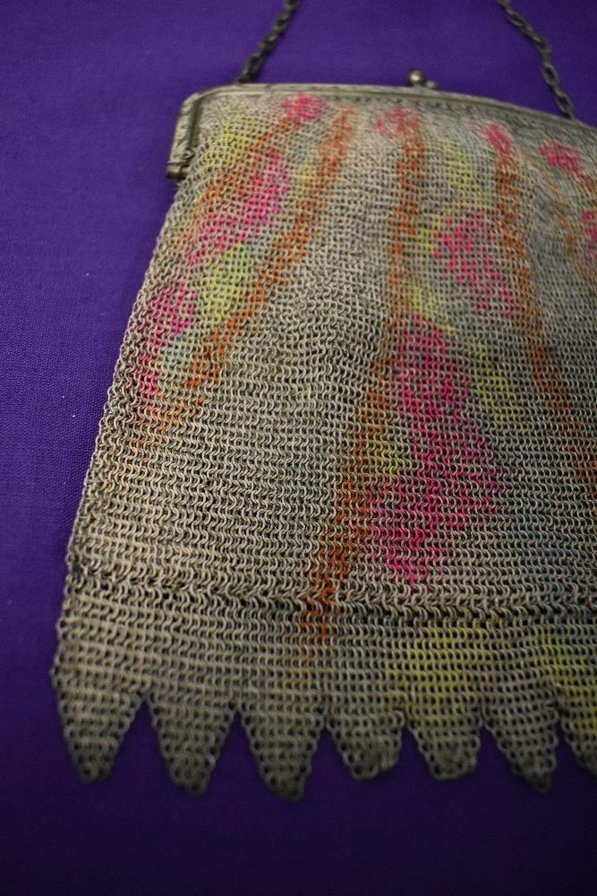 A 1920s painted mesh bag, having gem stones to clasp, chain handle and full lining. - Image 2 of 5