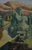 J.Dobson (20th Century), oil on board, A brightly coloured village scene with church and hills