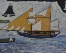 After Alfred Wallis (1855-1942, Cornish School), coloured print, Two naive style harbour