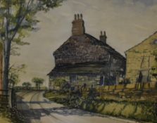 20th Century School, watercolour and gouache, A house beside a bend in the road, signed indistinctly