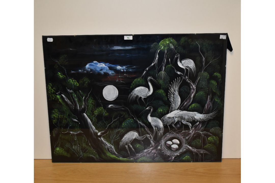 20th Century School, painting on cloth, An Oriental style painting depicting nesting cranes within a - Image 2 of 4