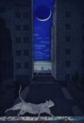 Emiko Aida (20th Century, Japanese), coloured etching, 'Moon Walker', an eye catching roof top