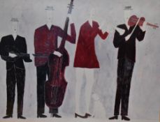 After Annora Spence (b.1963, British), coloured print, Four Musicians, framed, mounted, and under