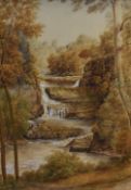 T.Baybut (20th Century), watercolour, An idyllic, autumnal waterfall depiction, signed to the