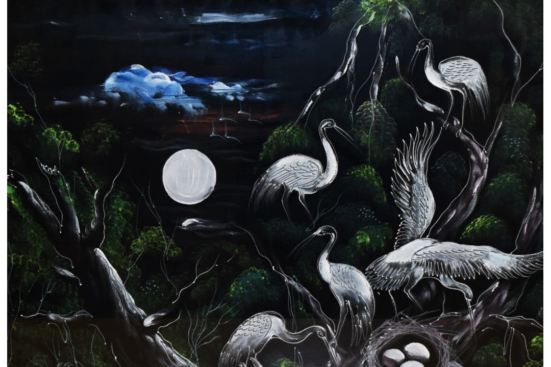 20th Century School, painting on cloth, An Oriental style painting depicting nesting cranes within a - Image 1 of 4