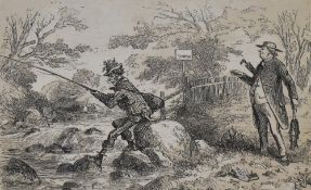 A group of nine monochrome prints of hunting sketch illustrations, all framed and under glass,