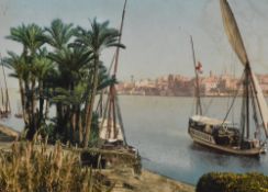 Trish Jackson (20th Century), oil painting, A Mediterranean street scene with palm trees, signed