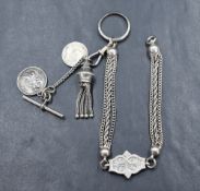 A white metal Albertina with additional silver coin & St Christopher charm and split wedding band
