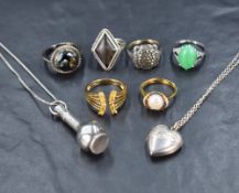 A collection of silver and white metal jewellery including stone set rings such as a silver cultured