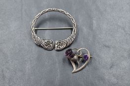 A mid 70's Scottish silver brooch by James Ness & Son, Edinburgh 1979, and an Edwardian silver heart